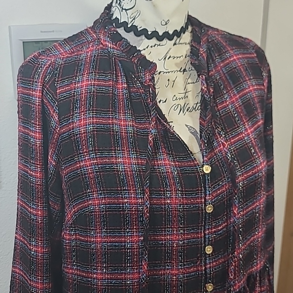 LOFT plaid metalic gold strip prairie dress - Picture 4 of 11